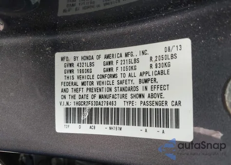 2013 Honda Accord Sport z USA, uszkodzony, nr VIN 1HGCR2F53DA279463
